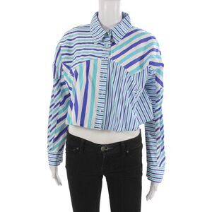 Solid & Striped Women Cropped Striped Cotton Collared Button-Up Top Blue Size S